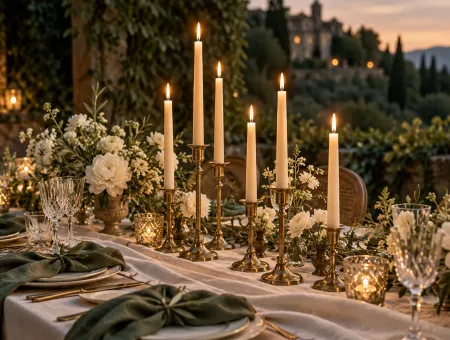 Bougies élancées et décoration florale blanche sur une table de réception