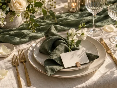 Assiette ivoire, serviette sauge et marque-place clair sur une table de mariage