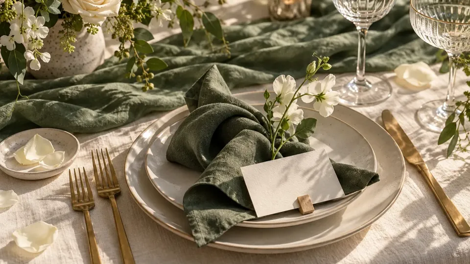 Assiette ivoire, serviette sauge et marque-place clair sur une table de mariage