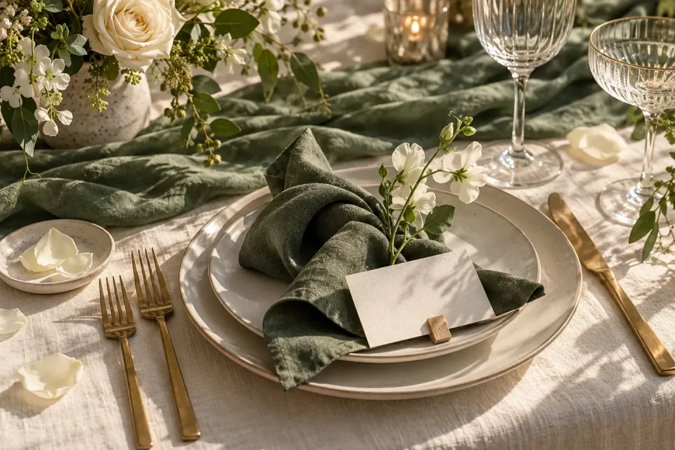 Assiette ivoire, serviette sauge et marque-place clair sur une table de mariage