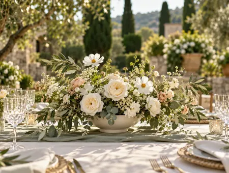 Centre de table bas avec fleurs blanches et feuillage vert