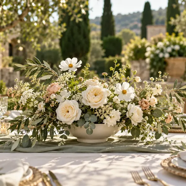 Centre de table bas avec fleurs blanches et feuillage vert