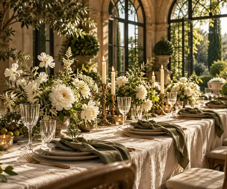 Table de mariage ivoire et sauge dans une verrière ensoleillée