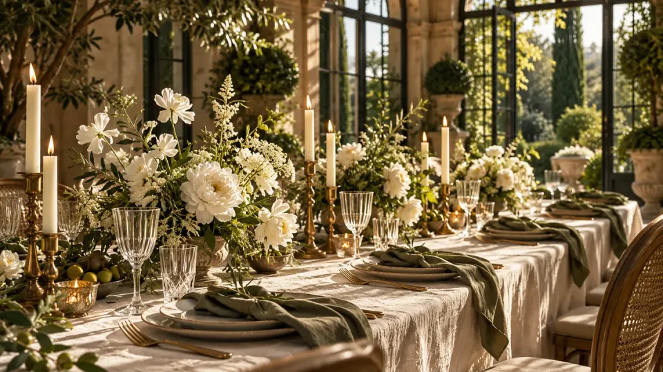 Table de réception ivoire et sauge avec fleurs blanches et verrerie dans une salle vitrée