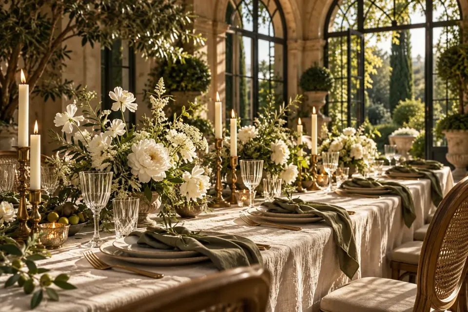 Table de mariage ivoire et sauge dans une verrière ensoleillée