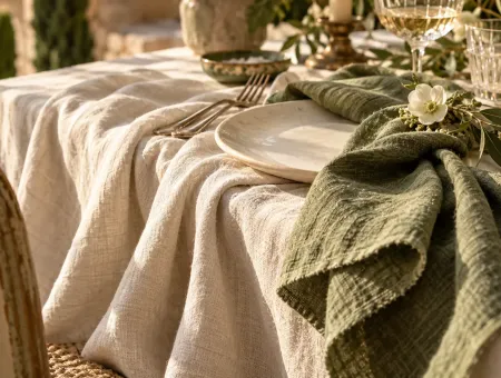 Plis de tissu ivoire et sauge sur une table de mariage