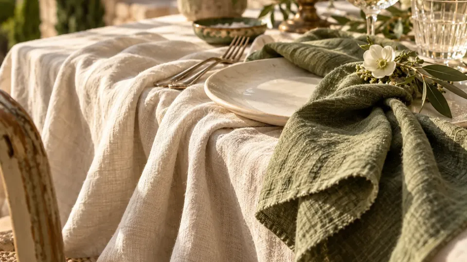 Plis de tissu ivoire et sauge sur une table de mariage