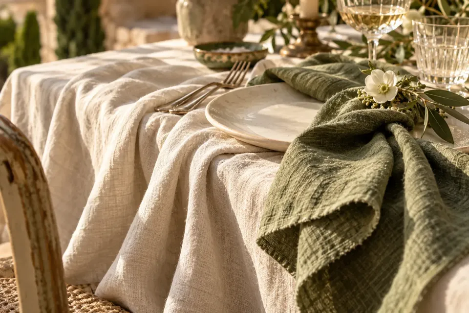 Plis de tissu ivoire et sauge sur une table de mariage