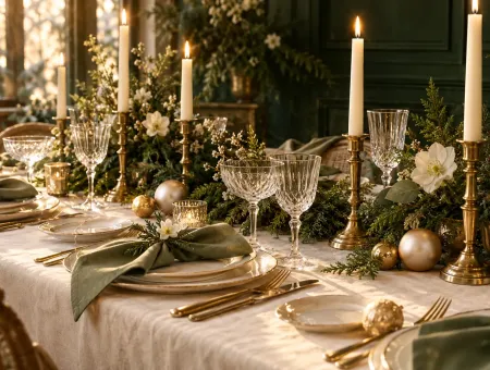 Table de fête ivoire et sauge avec bougies et rameaux de conifère
